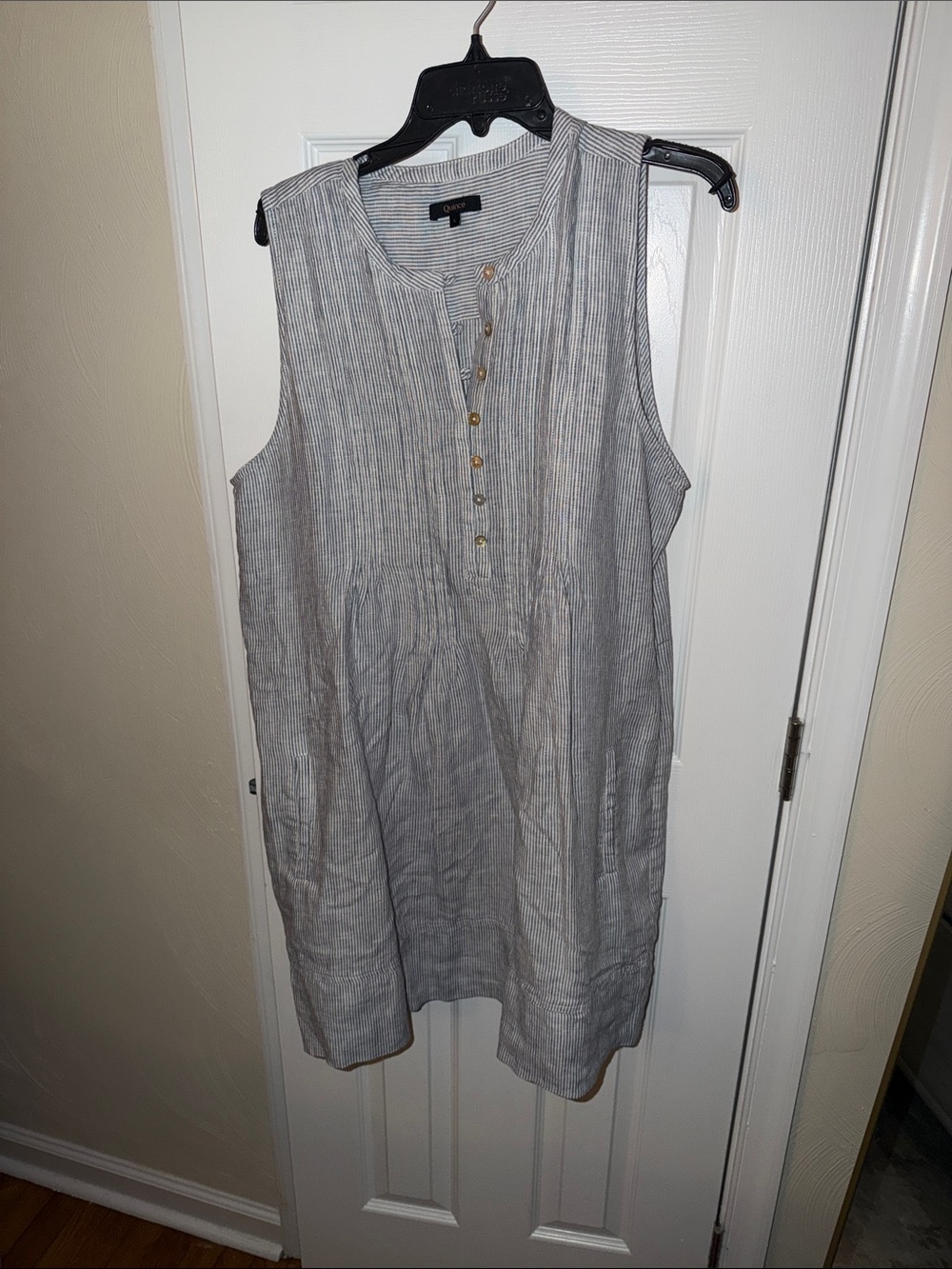 Quince Sleeveless Pinstripe Button-Front Mini Dress in Gray and White
